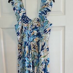 Blue and White Ruffled Smocked Maxi Sundress